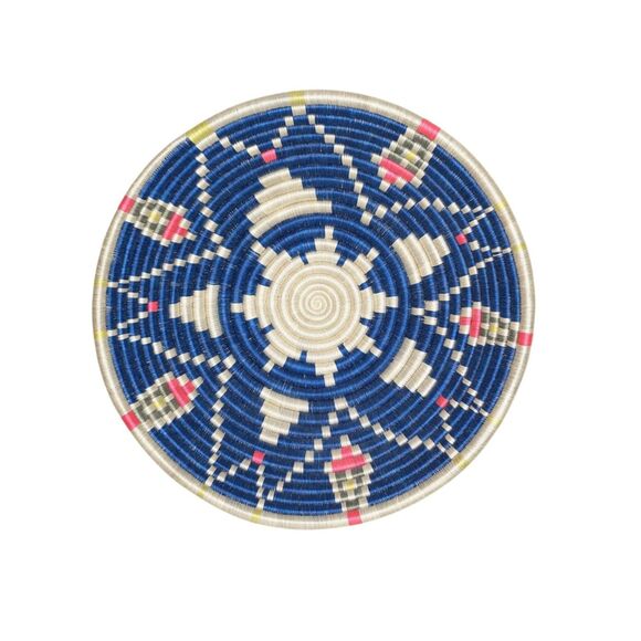 Other - NWOT Rwandan Woven Basket Bowl Handcrafted Blue White Sisal Sweetgrass Hanger